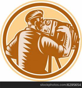 Illustration of a photographer shooting aiming with vintage bellows camera set inside circle on isolated background done in retro woodcut style.. Photographer Vintage Bellows Camera Woodcut