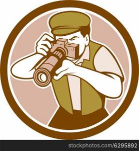 Illustration of a photographer shooting aiming with vintage camera set inside circle on isolated background done in cartoon style.. Photographer Shooting Camera Circle Retro