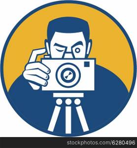 Illustration of a photographer shooting dslr camera front view set inside circle done in retro style.. Photographer With Camera Retro