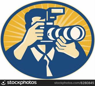 Illustration of a photographer shooting DSLR camera with flash and zoom lens set inside ellipse done in retro style.