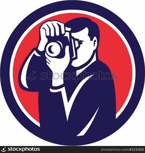 Illustration of a photographer shooting with dslr digital camera set inside circle done in retro style.. Photographer Shooting DSLR Camera Retro