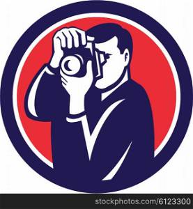 Illustration of a photographer shooting with dslr digital camera set inside circle done in retro style.. Photographer Shooting DSLR Camera Retro