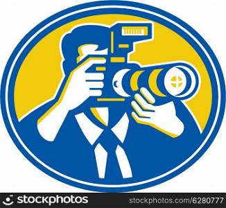 Illustration of a photographer shooting with dslr digital camera set inside oval done in retro style.. Photographer Shooting DSLR Camera Retro