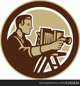 Illustration of a photographer shooting with vintage bellows camera done in retro woodcut style set inside circle.. Photographer Vintage Bellows Camera Retro