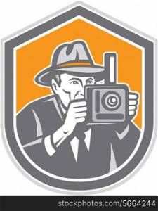 Illustration of a photographer wearing fedora hat shooting with vintage bellows camera set inside shield crest on isolated background done in retro style.. Photographer Vintage Camera Shield Retro