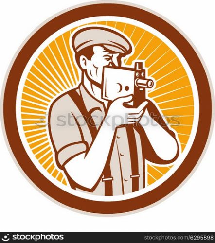 Illustration of a photographer wearing hat and suspenders shooting aiming with vintage camera set inside circle done in retro style.. Photographer Shooting Vintage Camera Circle