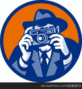 illustration of a Photographer with fedora hat aiming retro slr camera done in retro style. Photographer with fedora hat aiming retro slr camera
