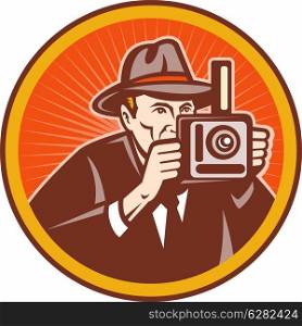 illustration of a Photographer with vintage camera set inside circle.. Photographer with hat aiming retro camera