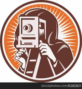 illustration of a Photographer with vintage camera set inside circle.. Photographer with vintage camera