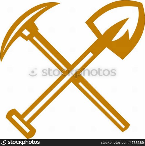 Illustration of a pick axe crossed with shovel viewed from front set on isolated white background done in retro style. . Pick Axe Shovel Crossed Retro