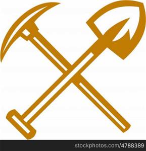 Illustration of a pick axe crossed with shovel viewed from front set on isolated white background done in retro style. . Pick Axe Shovel Crossed Retro
