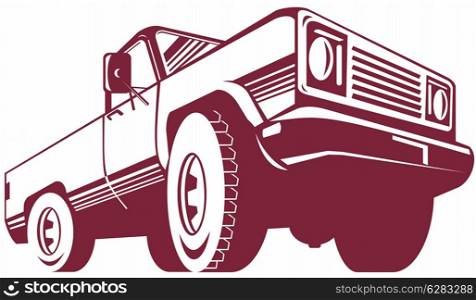 Illustration of a pick-up truck viewed from rear done in retro style.