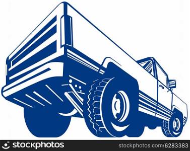 Illustration of a pick-up truck viewed from rear done in retro style.
