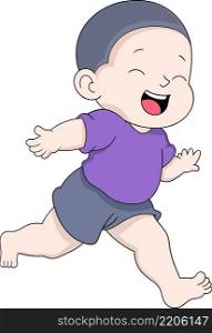 illustration of a picture of a kid’s activity, a bald kid is running around with a happy face while on holiday, cartoon flat illustration