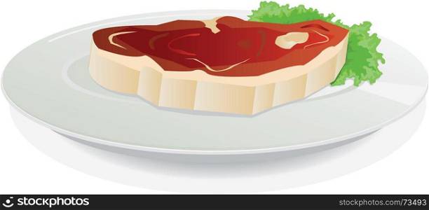 Illustration of a piece of beefsteak in a dish plate on a leaf of lettuce salad. Piece Of Raw Meat On A Dish With Salad