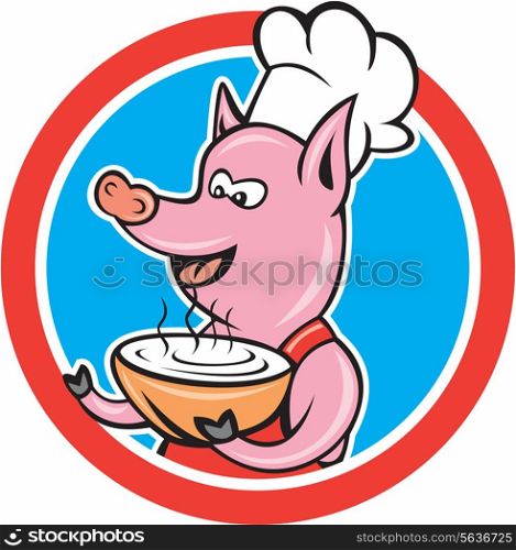 Illustration of a pig chef cook holding hot bowl of soup serving facing side set inside circle on isolated background done in cartoon style . Pig Chef Cook Holding Bowl Circle Cartoon