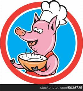 Illustration of a pig chef cook holding hot bowl of soup serving facing side set inside circle on isolated background done in cartoon style . Pig Chef Cook Holding Bowl Circle Cartoon