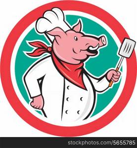 Illustration of a pig chef cook holding spatula looking to the side set inside circle on isolated background done in cartoon style.. Pig Chef Cook Holding Spatula Circle Cartoon