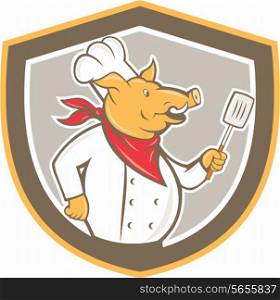 Illustration of a pig chef cook holding spatula looking to the side set inside shield crest on isolated background done in cartoon style.. Pig Chef Cook Holding Spatula Shield Cartoon