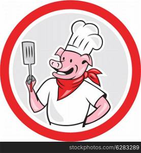 Illustration of a pig chef cook holding spatula set inside circle shape done in cartoon style on isolated white background.. Pig Chef Cook Holding Spatula Circle Cartoon