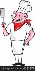 Illustration of a pig chef cook holding spatula viewed from front done in cartoon style on isolated white background.. Pig Chef Cook Holding Spatula Cartoon