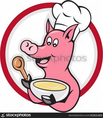 Illustration of a pig chef cook with spoon holding hot bowl of soup set inside circle shape done in cartoon style on isolated white background.. Pig Chef Cook Holding Bowl Cartoon