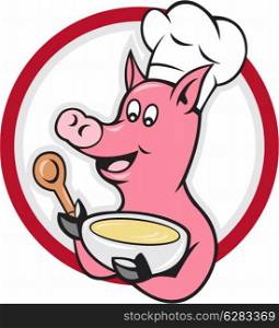 Illustration of a pig chef cook with spoon holding hot bowl of soup set inside circle shape done in cartoon style on isolated white background.. Pig Chef Cook Holding Bowl Cartoon