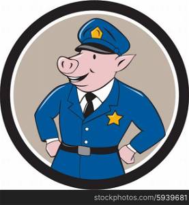 Illustration of a pig policeman police officer sheriff with hands on hips looking to the side viewed from front set inside circle on isolated background done in cartoon style.. Policeman Pig Sheriff Circle Cartoon