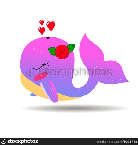 illustration of a pink whale with flower and hearts. illustration of a whale