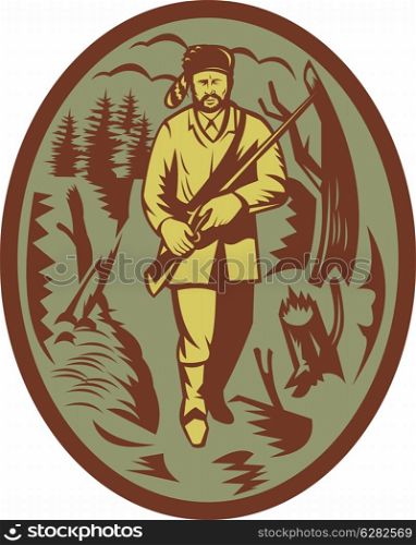 illustration of a pioneer hunter trapper with rifle. pioneer hunter trapper with rifle