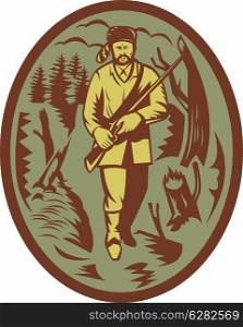 illustration of a pioneer hunter trapper with rifle. pioneer hunter trapper with rifle