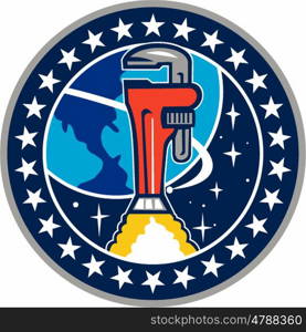 Illustration of a pipe wrench rocket booster orbitting earth space set inside circle with stars in the background done in retro style. . Pipe Wrench Rocket Booster Orbit Earth Circle Retro