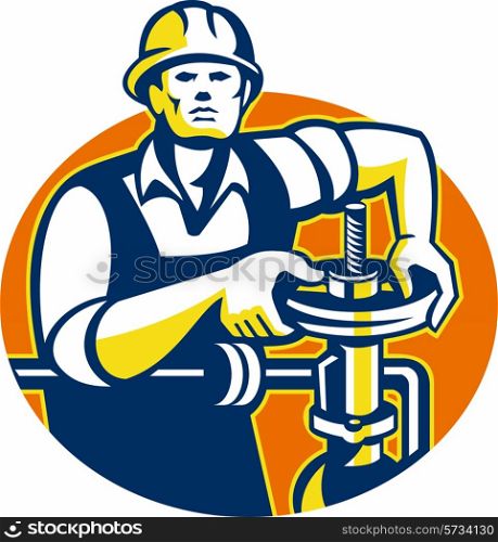 Illustration of a pipefitter oil worker tightening pipeline pipe valve set inside oval done in retro style.