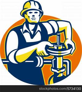 Illustration of a pipefitter oil worker tightening pipeline pipe valve set inside oval done in retro style.