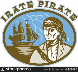 "illustration of a Pirate with sailing tall ship in background done in woodcut style with wording "irate pirate""