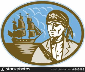 illustration of a Pirate with sailing tall ship in background done in woodcut style. Pirate with sailing tall ship