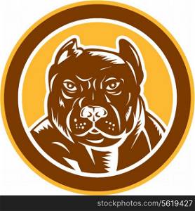 Illustration of a pitbull dog head facing front set inside circle on isolated background done in retro woodcut style.. Pitbull Dog Mongrel Head Circle Woodcut