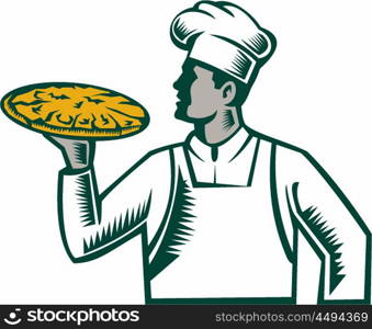 Illustration of a pizza chef baker holding pizza looking to the side set on isolated white background done in retro woodcut style. . Pizza Chef Holding Pizza Woodcut