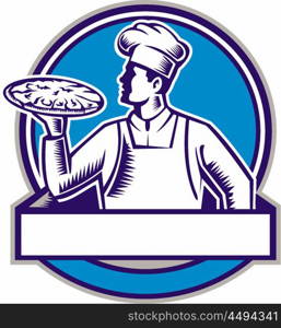 Illustration of a pizza chef baker holding serving pizza looking to the side set inside circle on isolated background done in retro woodcut style. . Pizza Chef Serving Pizza Circle Woodcut