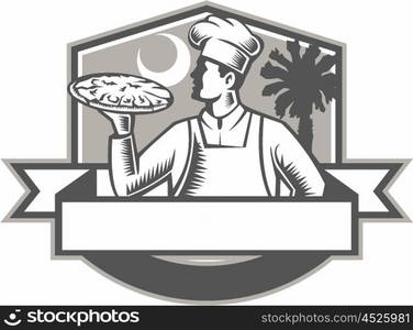 Illustration of a pizza chef baker serving holding pizza looking to the side viewed from front set inside shield crest with moon and palmetto tree in the background done in retro style. . Pizza Chef Pizza Moon Palmetto Tree Shield Retro