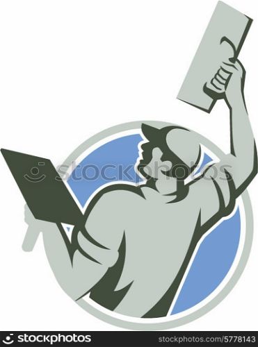 Illustration of a plasterer masonry tradesman construction worker raising up trowel over head viewed from the back set inside circle done on isolated background done in retro style.