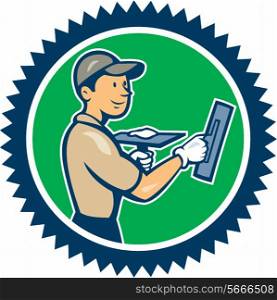 Illustration of a plasterer masonry tradesman construction worker standing with trowel looking to the side set inside rosette shape on isolated background done in cartoon style.. Plasterer Masonry Worker Rosette Cartoon