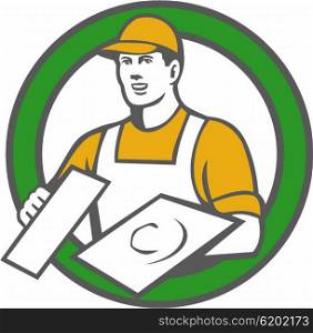 Illustration of a plasterer masonry tradesman construction worker wearing hat holding trowel set inside circle done in retro style on isolated background. . Plasterer Masonry Trowel Circle Retro