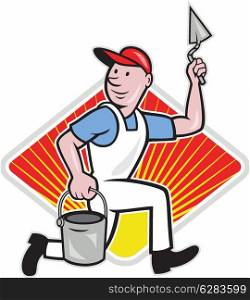illustration of a plasterer masonry tradesman construction worker with trowel and pail on isolated background with diamond shape.