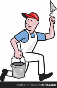 illustration of a plasterer masonry tradesman construction worker with trowel and pail on isolated background
