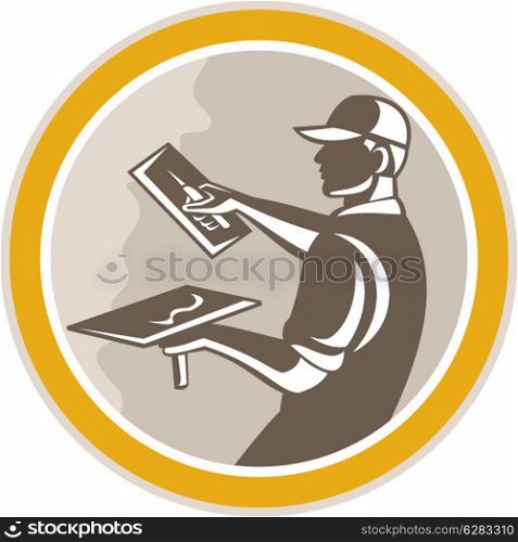 Illustration of a plasterer masonry tradesman construction worker with trowel done in retro woodcut style set inside circle on isolated background,