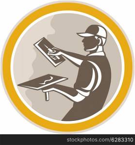 Illustration of a plasterer masonry tradesman construction worker with trowel done in retro woodcut style set inside circle on isolated background,