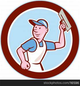 Illustration of a plasterer masonry tradesman construction worker with trowel set inside circle done in cartoon style on isolated background. . Plasterer Masonry Worker Circle Cartoon