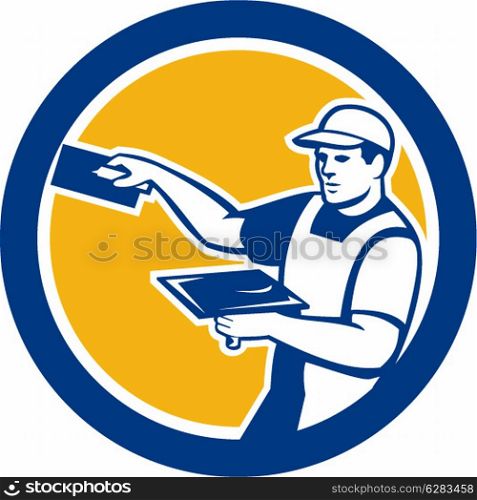 Illustration of a plasterer masonry tradesman construction worker with trowel set inside circle done in retro style on isolated background. Plasterer With Trowel Circle Retro
