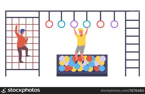 Illustration of a playroom with sports equipment. The kids are playing. The boy hangs on rings above pool with multicolored balls, child climbs stairs. Active rest. Playground and indoor activity. Boys play in playroom with sport equipment. Playground and activity. Fun happy time. Flat image